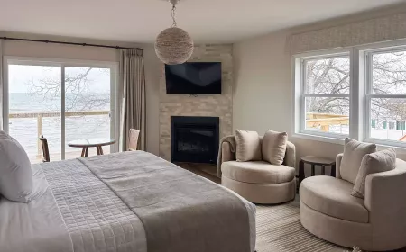 King size bed with views of Lake Huron